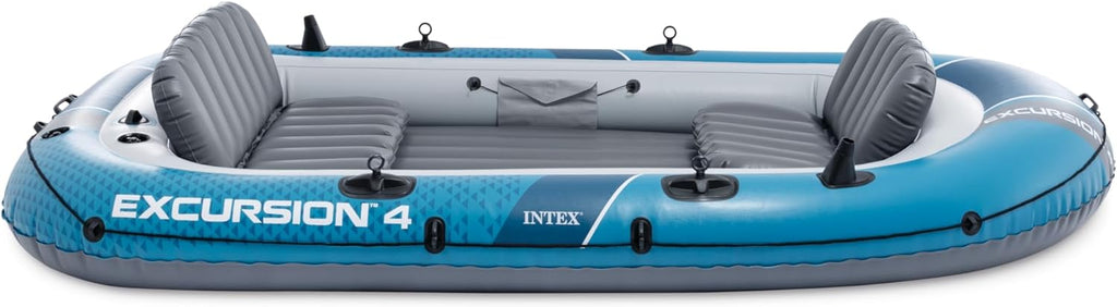 INTEX 68324EP Excursion 4 Inflatable Boat Set: Includes Deluxe 54in Boat Oars and High-Output Pump – Adjustable Seats with Backrest – Fishing Rod Holders – 4-Person – 1100lb Weight Capacity