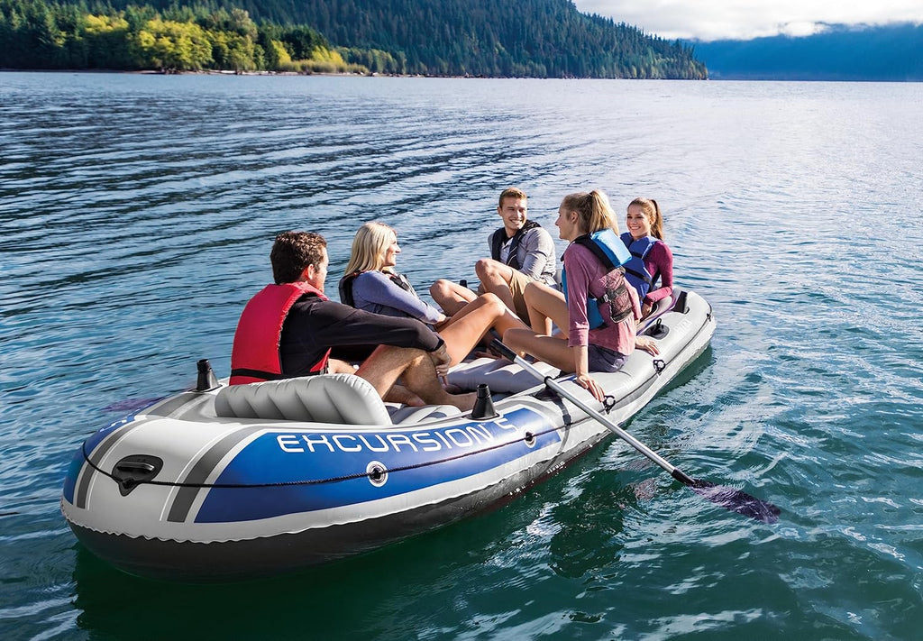 INTEX 68324EP Excursion 4 Inflatable Boat Set: Includes Deluxe 54in Boat Oars and High-Output Pump – Adjustable Seats with Backrest – Fishing Rod Holders – 4-Person – 1100lb Weight Capacity