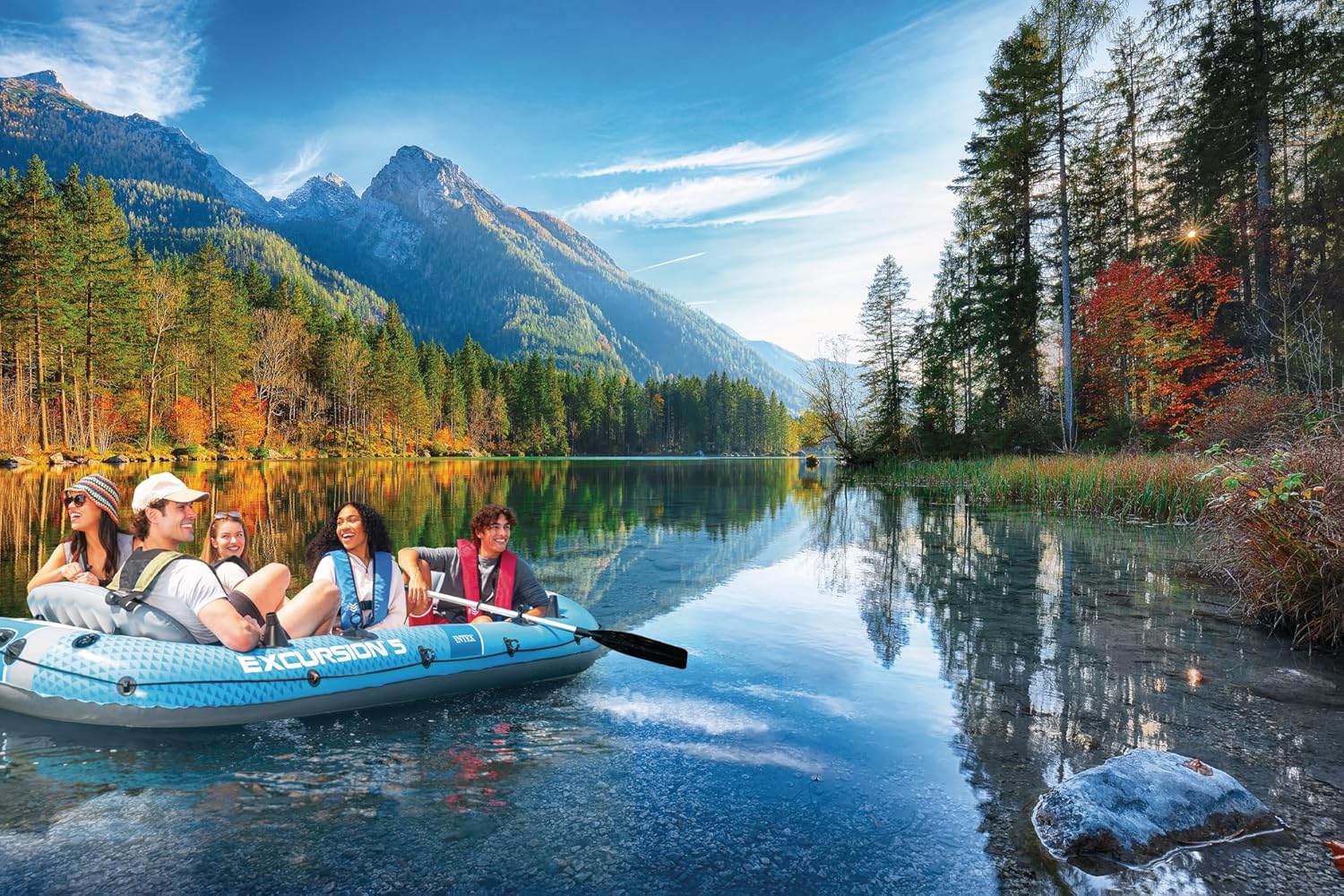 INTEX 68324EP Excursion 4 Inflatable Boat Set: Includes Deluxe 54in Boat Oars and High-Output Pump – Adjustable Seats with Backrest – Fishing Rod Holders – 4-Person – 1100lb Weight Capacity