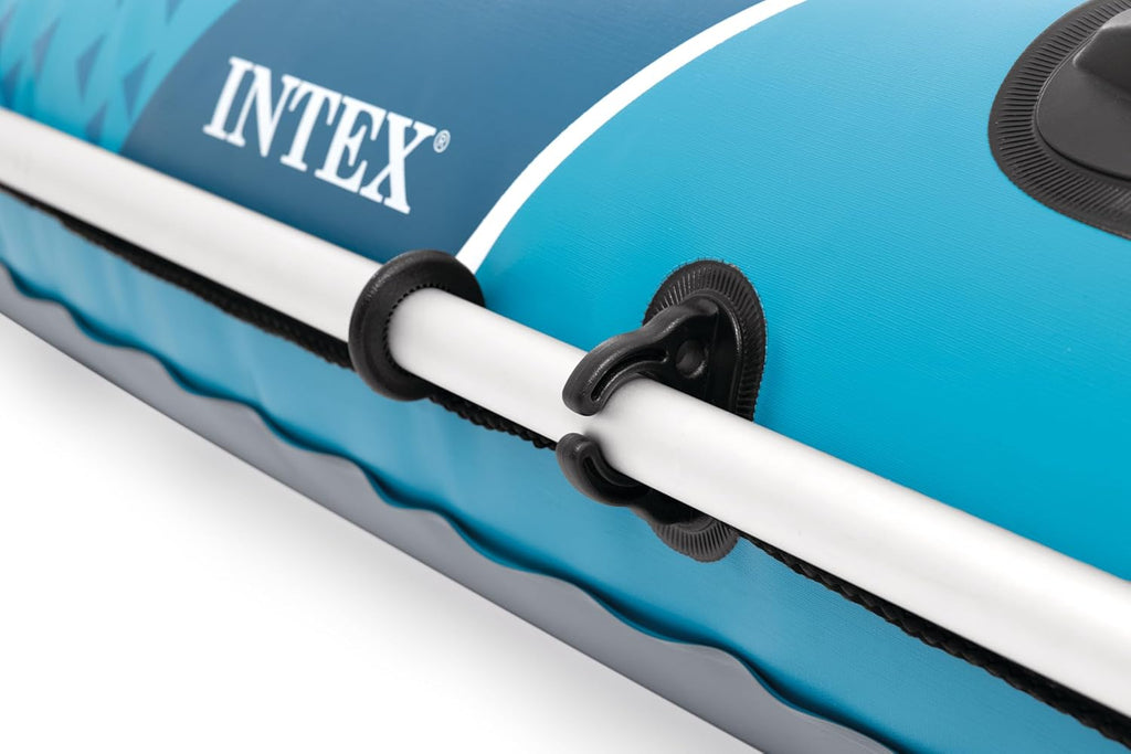 INTEX 68324EP Excursion 4 Inflatable Boat Set: Includes Deluxe 54in Boat Oars and High-Output Pump – Adjustable Seats with Backrest – Fishing Rod Holders – 4-Person – 1100lb Weight Capacity