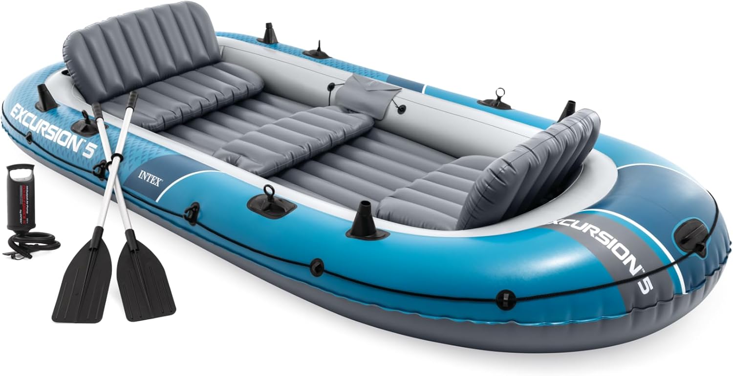 INTEX 68324EP Excursion 4 Inflatable Boat Set: Includes Deluxe 54in Boat Oars and High-Output Pump – Adjustable Seats with Backrest – Fishing Rod Holders – 4-Person – 1100lb Weight Capacity