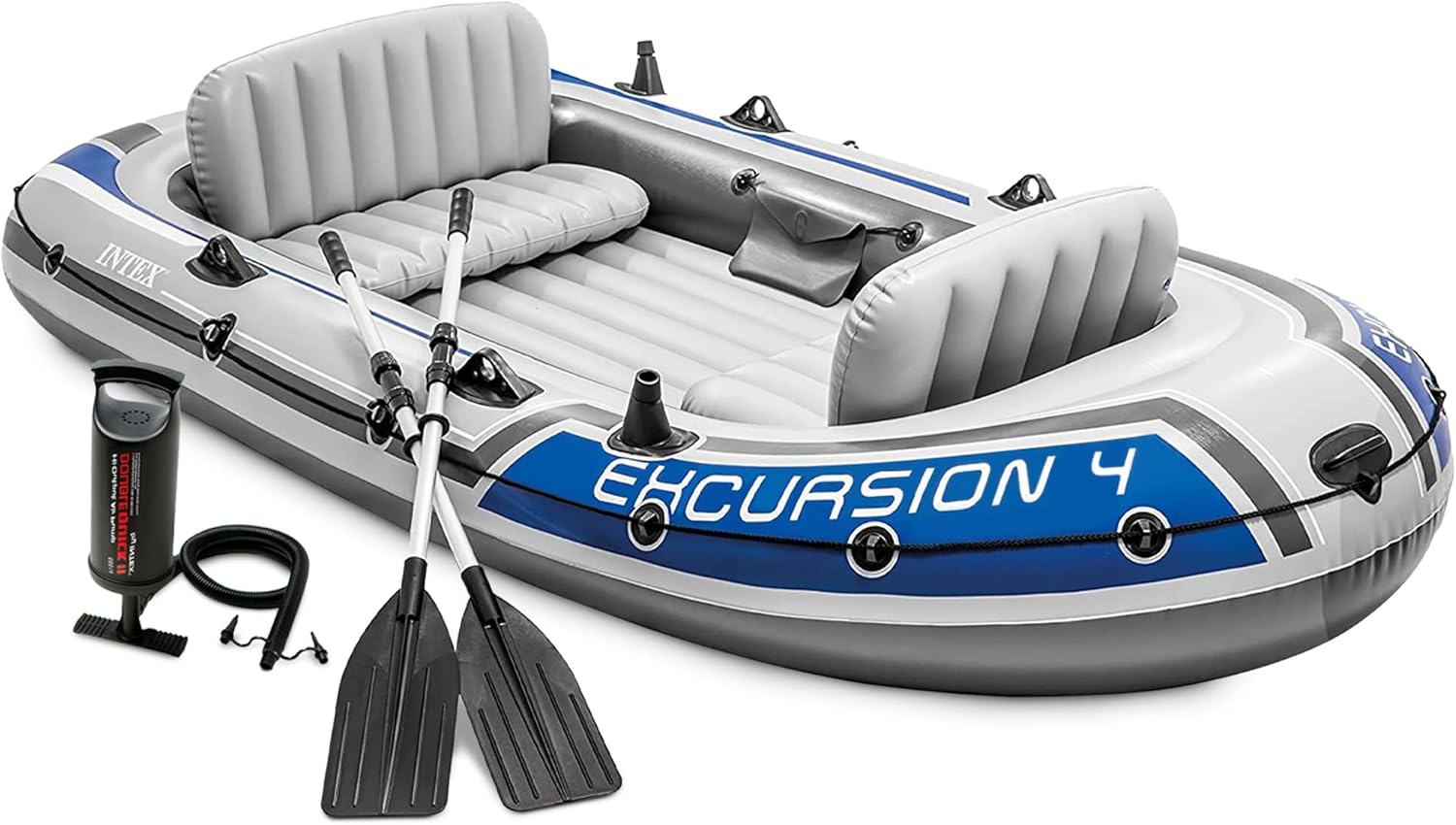INTEX 68324EP Excursion 4 Inflatable Boat Set: Includes Deluxe 54in Boat Oars and High-Output Pump – Adjustable Seats with Backrest – Fishing Rod Holders – 4-Person – 1100lb Weight Capacity