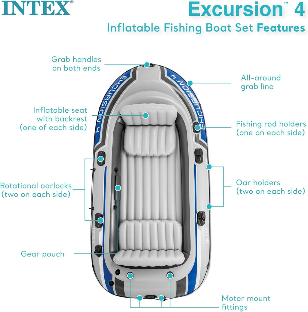 INTEX 68324EP Excursion 4 Inflatable Boat Set: Includes Deluxe 54in Boat Oars and High-Output Pump – Adjustable Seats with Backrest – Fishing Rod Holders – 4-Person – 1100lb Weight Capacity
