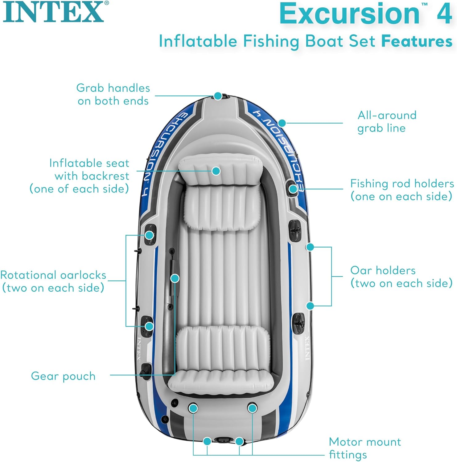 INTEX 68324EP Excursion 4 Inflatable Boat Set: Includes Deluxe 54in Boat Oars and High-Output Pump – Adjustable Seats with Backrest – Fishing Rod Holders – 4-Person – 1100lb Weight Capacity