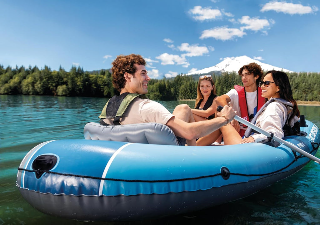 INTEX 68324EP Excursion 4 Inflatable Boat Set: Includes Deluxe 54in Boat Oars and High-Output Pump – Adjustable Seats with Backrest – Fishing Rod Holders – 4-Person – 1100lb Weight Capacity