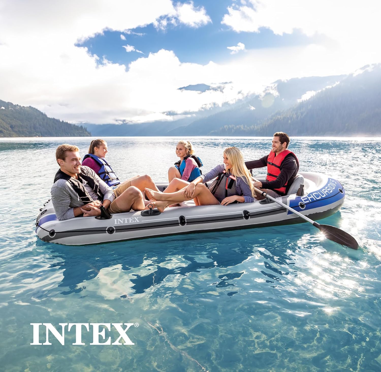 INTEX 68324EP Excursion 4 Inflatable Boat Set: Includes Deluxe 54in Boat Oars and High-Output Pump – Adjustable Seats with Backrest – Fishing Rod Holders – 4-Person – 1100lb Weight Capacity