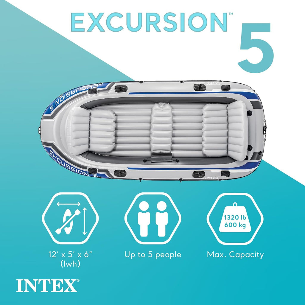 INTEX 68324EP Excursion 4 Inflatable Boat Set: Includes Deluxe 54in Boat Oars and High-Output Pump – Adjustable Seats with Backrest – Fishing Rod Holders – 4-Person – 1100lb Weight Capacity