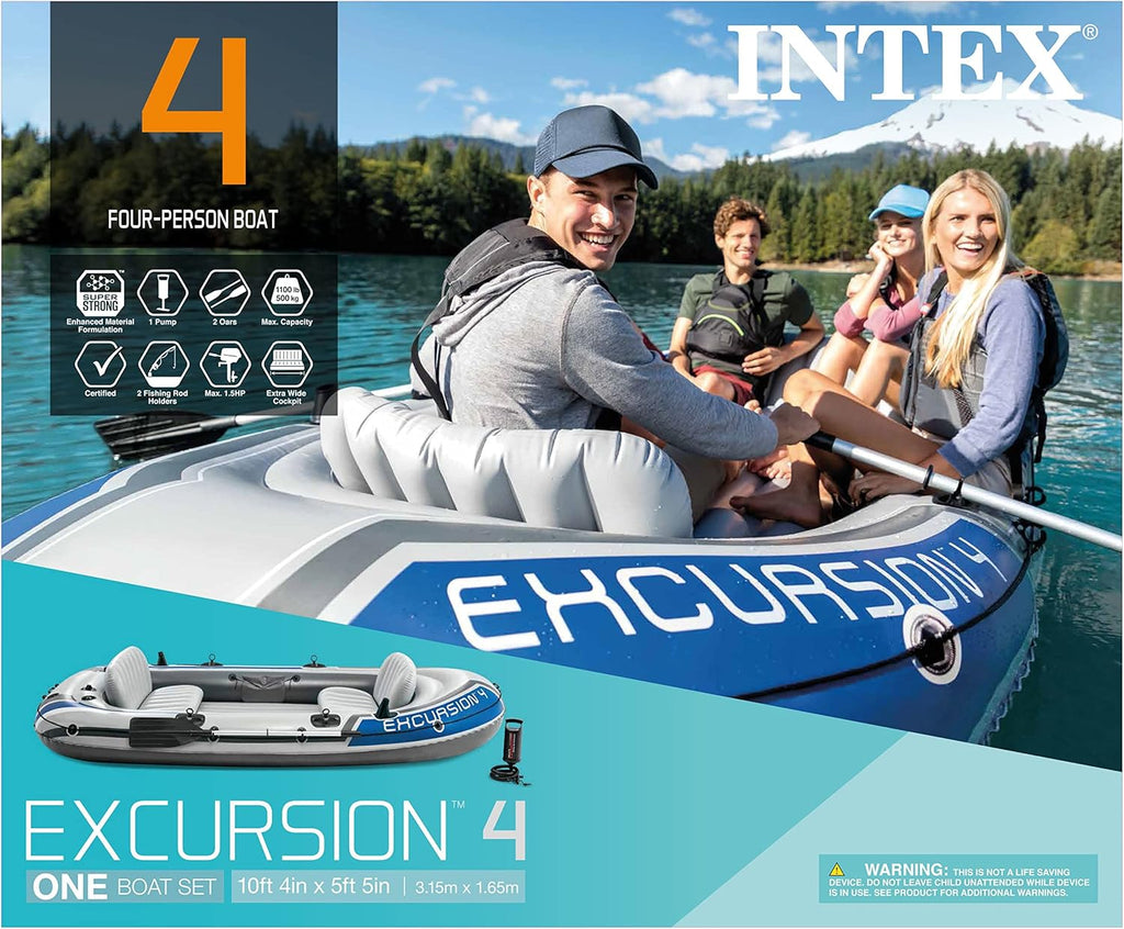 INTEX 68324EP Excursion 4 Inflatable Boat Set: Includes Deluxe 54in Boat Oars and High-Output Pump – Adjustable Seats with Backrest – Fishing Rod Holders – 4-Person – 1100lb Weight Capacity