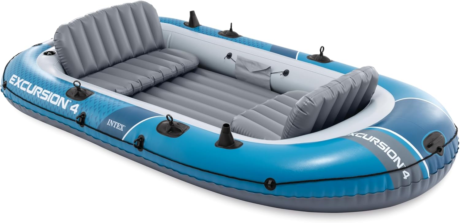 INTEX 68324EP Excursion 4 Inflatable Boat Set: Includes Deluxe 54in Boat Oars and High-Output Pump – Adjustable Seats with Backrest – Fishing Rod Holders – 4-Person – 1100lb Weight Capacity