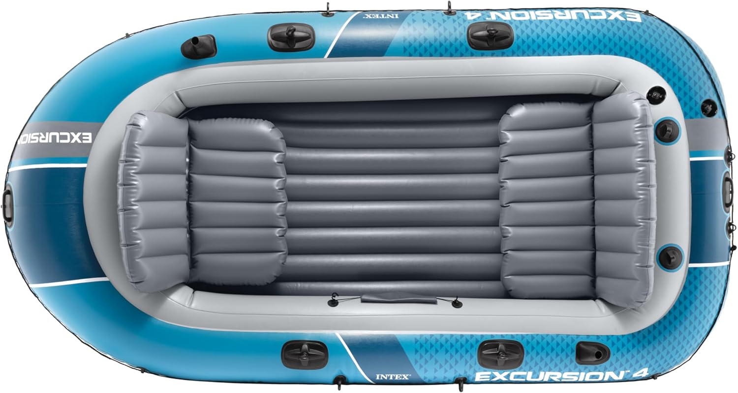 INTEX 68324EP Excursion 4 Inflatable Boat Set: Includes Deluxe 54in Boat Oars and High-Output Pump – Adjustable Seats with Backrest – Fishing Rod Holders – 4-Person – 1100lb Weight Capacity