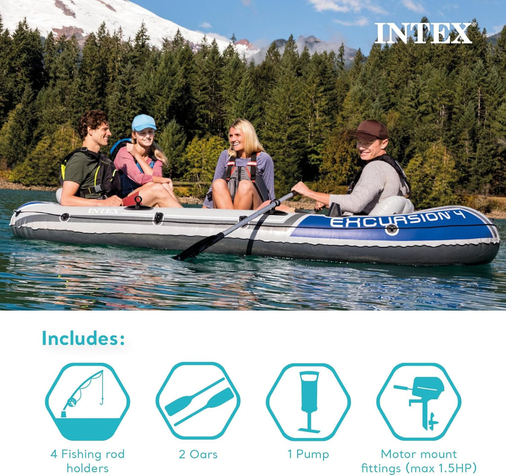 INTEX 68324EP Excursion 4 Inflatable Boat Set: Includes Deluxe 54in Boat Oars and High-Output Pump – Adjustable Seats with Backrest – Fishing Rod Holders – 4-Person – 1100lb Weight Capacity