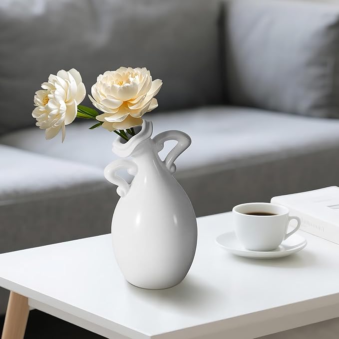 Creative Double - Handled White Ceramic Vase: Exquisite Shape, Adding Elegance to Home