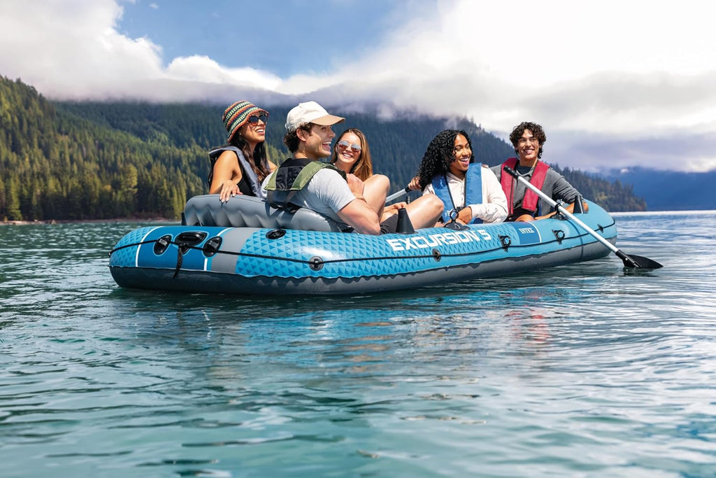 INTEX 68324EP Excursion 4 Inflatable Boat Set: Includes Deluxe 54in Boat Oars and High-Output Pump – Adjustable Seats with Backrest – Fishing Rod Holders – 4-Person – 1100lb Weight Capacity