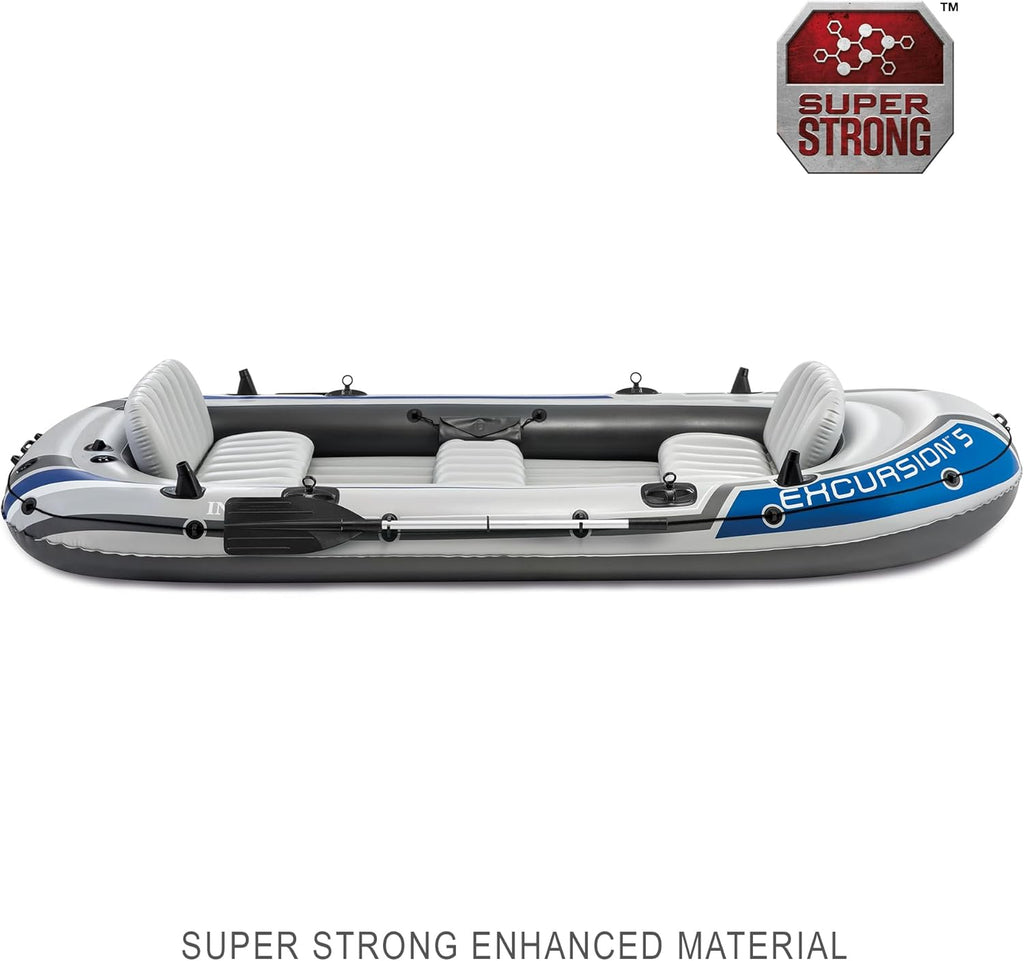 INTEX 68324EP Excursion 4 Inflatable Boat Set: Includes Deluxe 54in Boat Oars and High-Output Pump – Adjustable Seats with Backrest – Fishing Rod Holders – 4-Person – 1100lb Weight Capacity