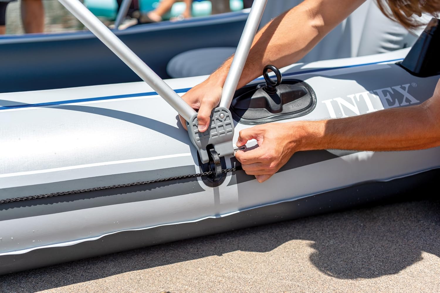 INTEX 68324EP Excursion 4 Inflatable Boat Set: Includes Deluxe 54in Boat Oars and High-Output Pump – Adjustable Seats with Backrest – Fishing Rod Holders – 4-Person – 1100lb Weight Capacity