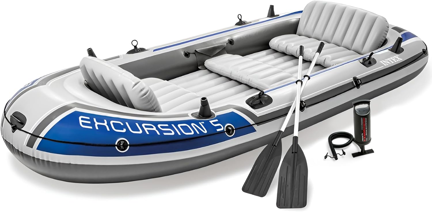 INTEX 68324EP Excursion 4 Inflatable Boat Set: Includes Deluxe 54in Boat Oars and High-Output Pump – Adjustable Seats with Backrest – Fishing Rod Holders – 4-Person – 1100lb Weight Capacity