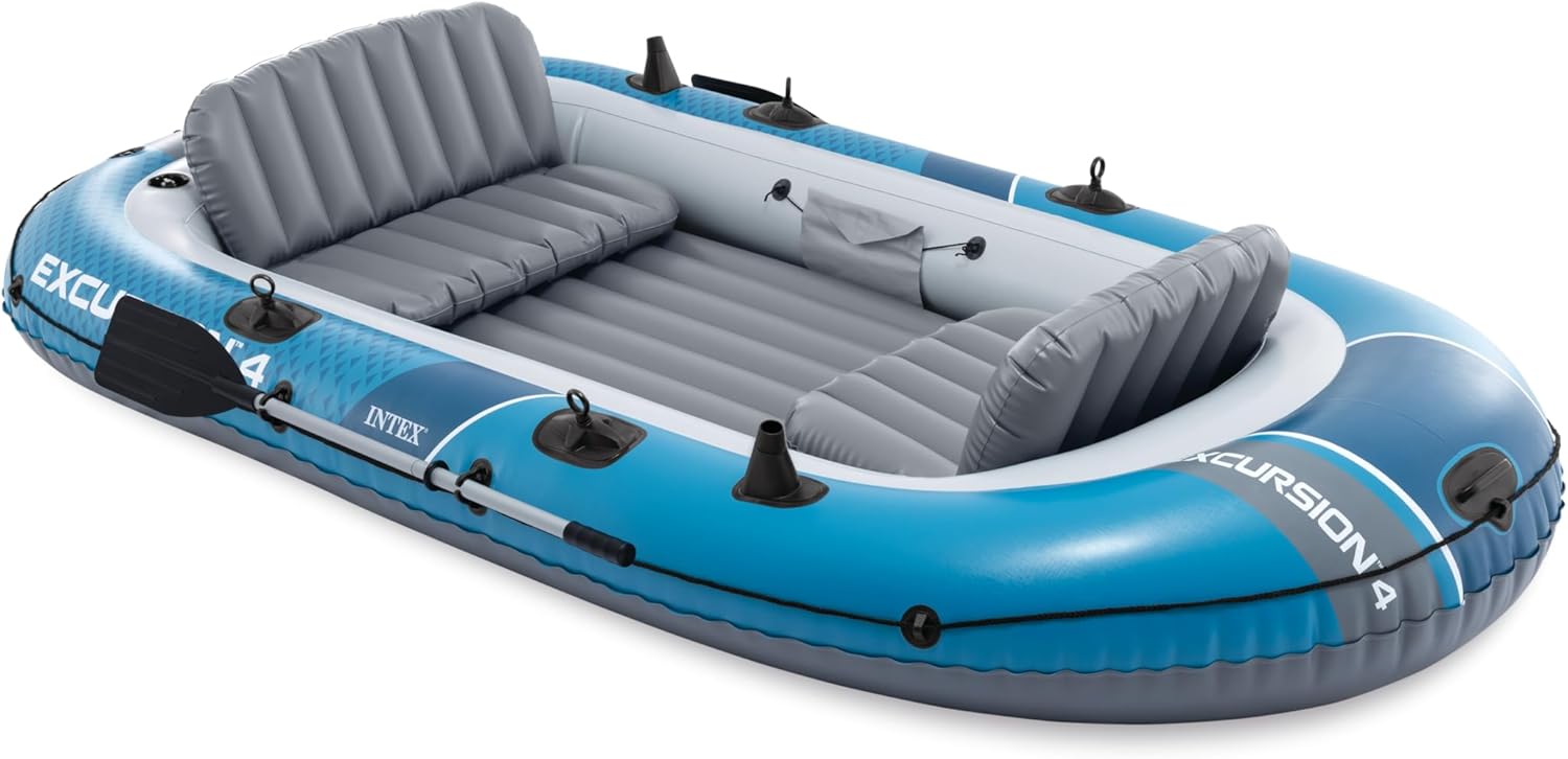 INTEX 68324EP Excursion 4 Inflatable Boat Set: Includes Deluxe 54in Boat Oars and High-Output Pump – Adjustable Seats with Backrest – Fishing Rod Holders – 4-Person – 1100lb Weight Capacity