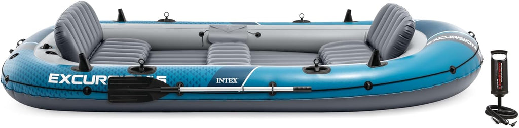 INTEX 68324EP Excursion 4 Inflatable Boat Set: Includes Deluxe 54in Boat Oars and High-Output Pump – Adjustable Seats with Backrest – Fishing Rod Holders – 4-Person – 1100lb Weight Capacity