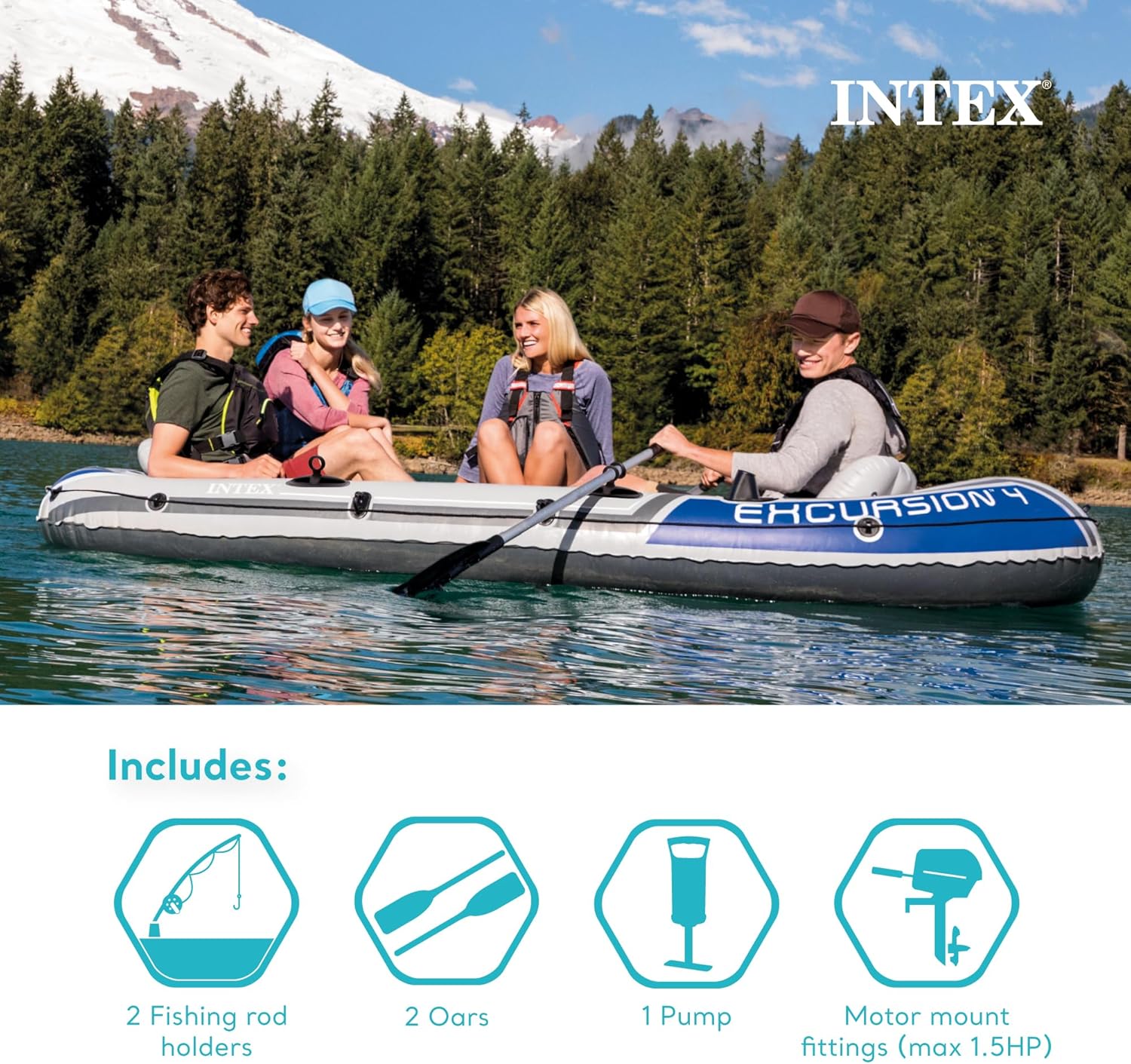 INTEX 68324EP Excursion 4 Inflatable Boat Set: Includes Deluxe 54in Boat Oars and High-Output Pump – Adjustable Seats with Backrest – Fishing Rod Holders – 4-Person – 1100lb Weight Capacity
