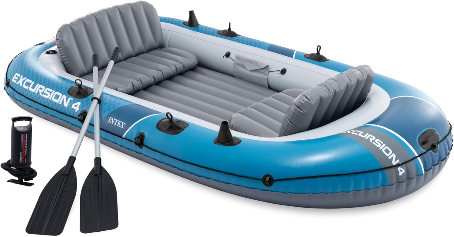 INTEX 68324EP Excursion 4 Inflatable Boat Set: Includes Deluxe 54in Boat Oars and High-Output Pump – Adjustable Seats with Backrest – Fishing Rod Holders – 4-Person – 1100lb Weight Capacity