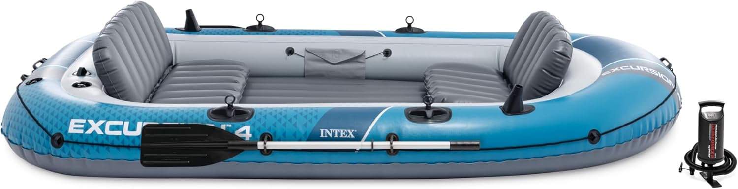 INTEX 68324EP Excursion 4 Inflatable Boat Set: Includes Deluxe 54in Boat Oars and High-Output Pump – Adjustable Seats with Backrest – Fishing Rod Holders – 4-Person – 1100lb Weight Capacity